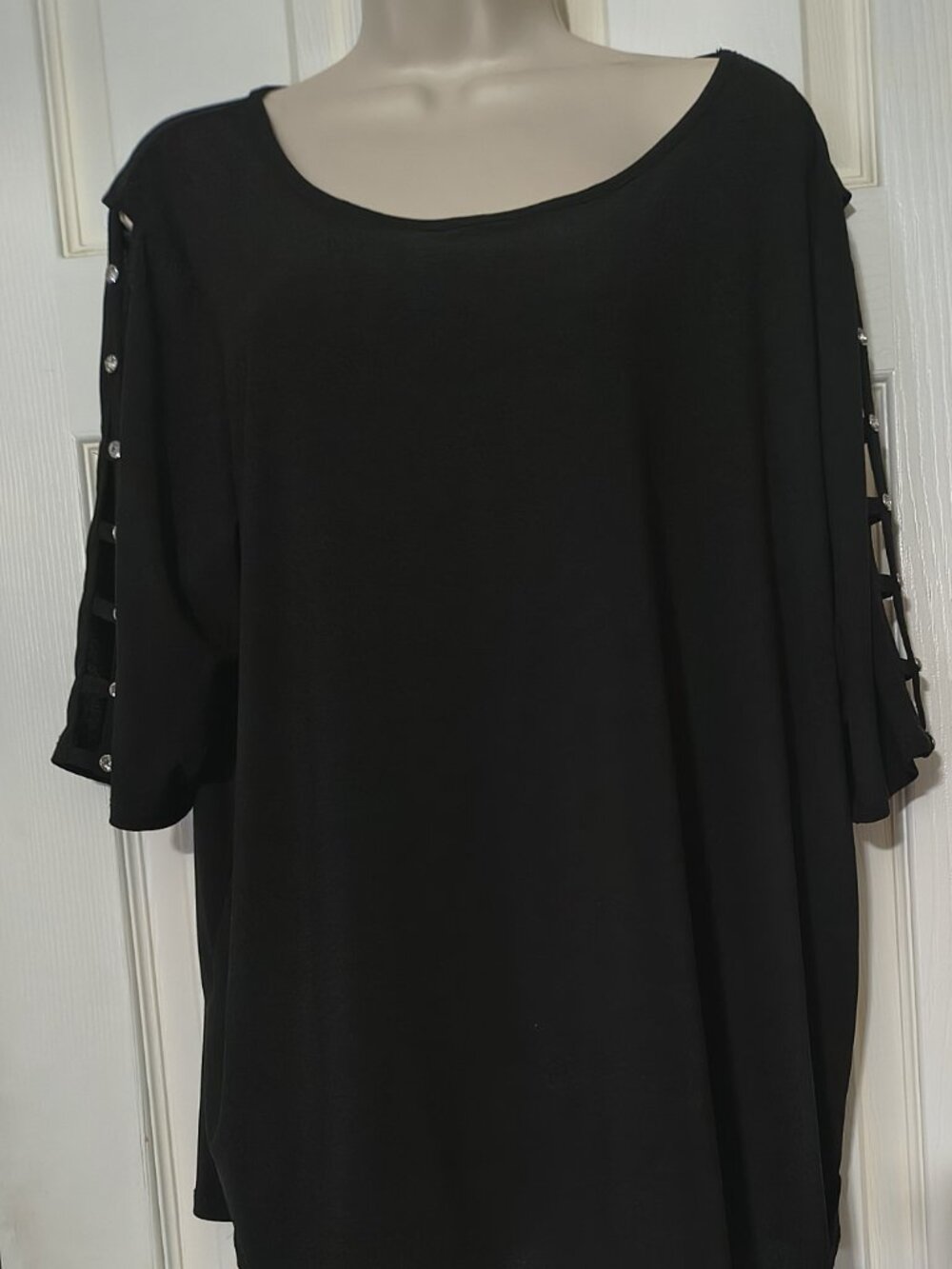 Madison Black Scoop Neck Top with Studded Ladder Sleeve Detail